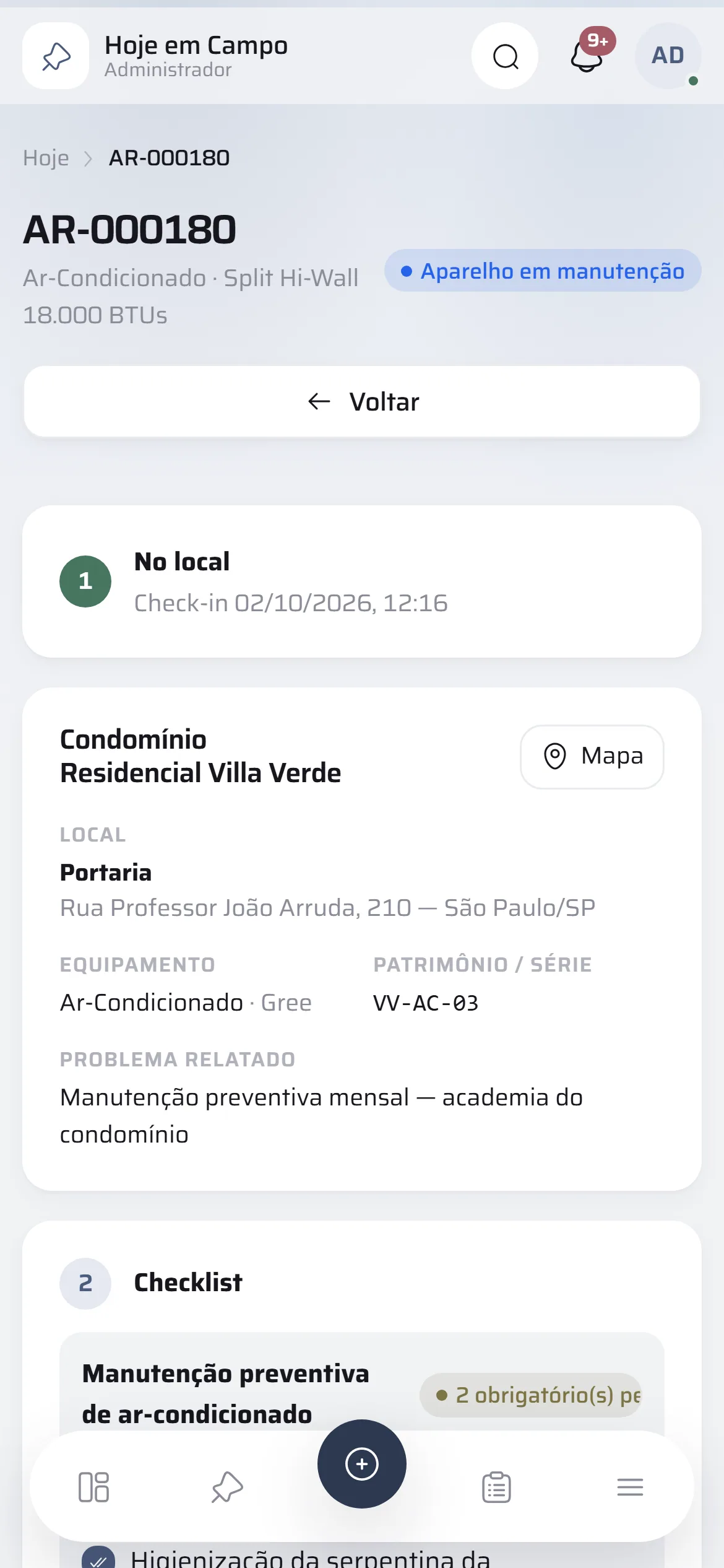 Atendimento em campo com etapas, checklist e assinatura