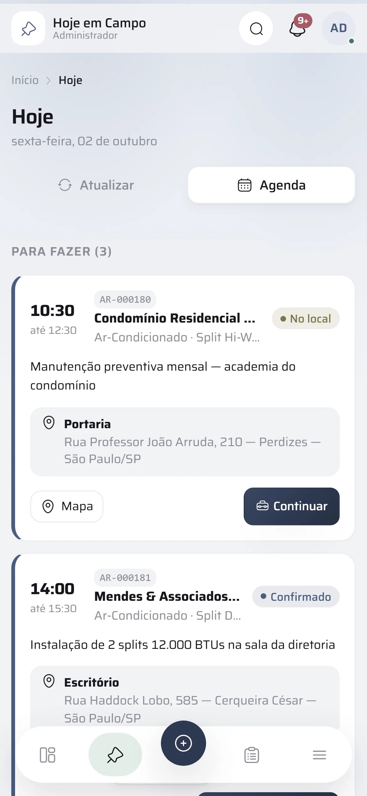 Tela do técnico no celular com as visitas do dia